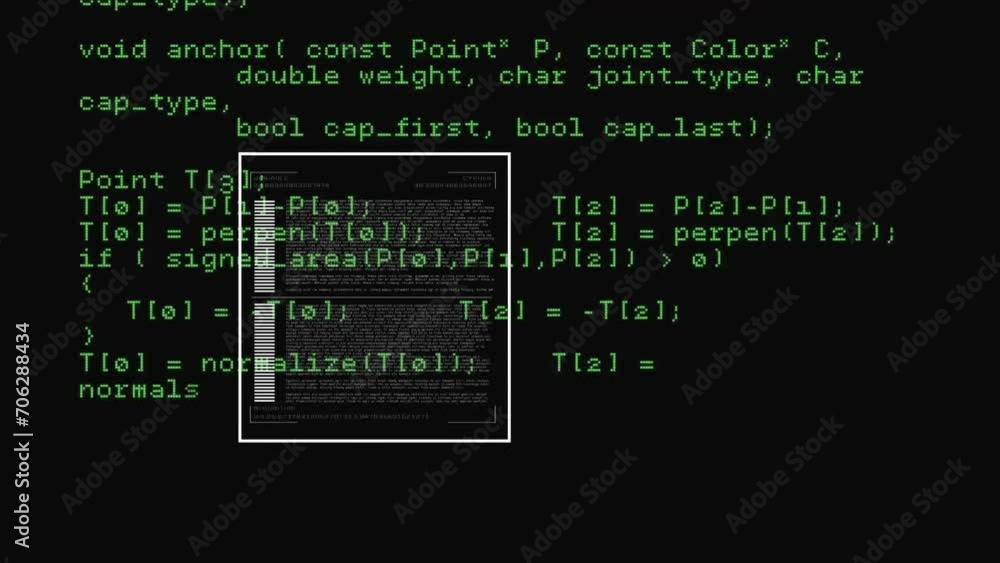 Poster animation of screen and data processing over dark background