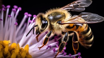 A close-up view of a honeybee diligently gathering pollen from the vibrant stamen of a purple flower.
