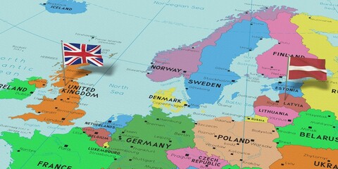 United Kingdom and Latvia - pin flags on political map - 3D illustration