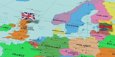 United Kingdom and Lithuania - pin flags on political map - 3D illustration