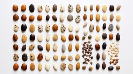 seeds arranged in a delicate and ornate pattern, their tiny forms forming an elegant and intricate artwork against the simplicity of a white background, celebrating the art of precision and patience.