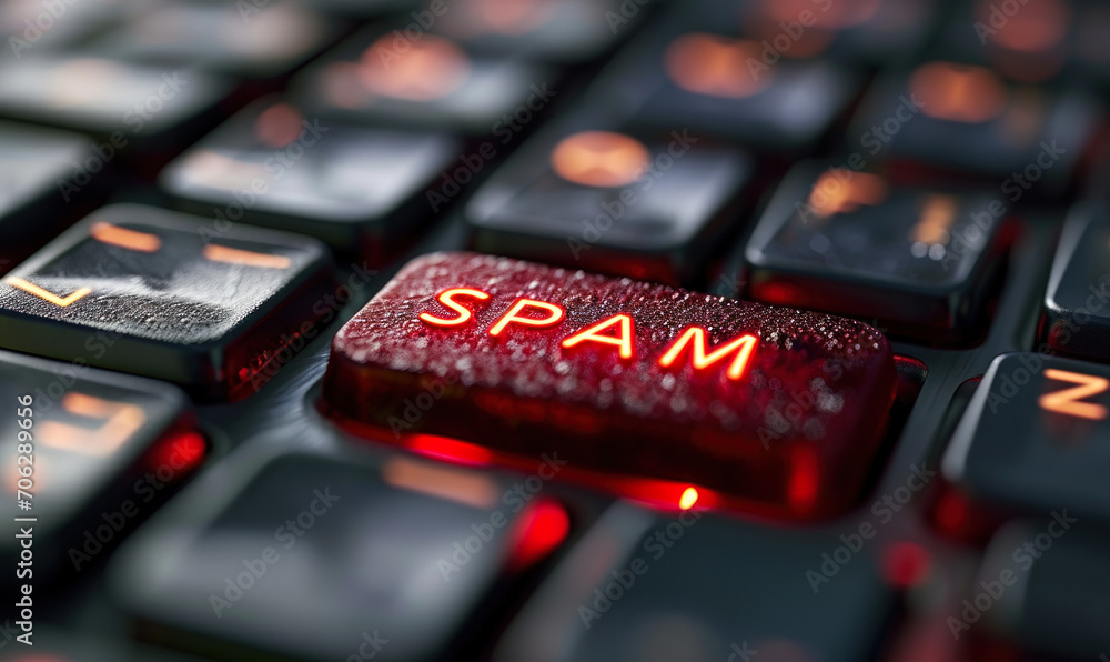 Poster red spam alert button on a keyboard illustrating cybersecurity threats and email filtering concepts 