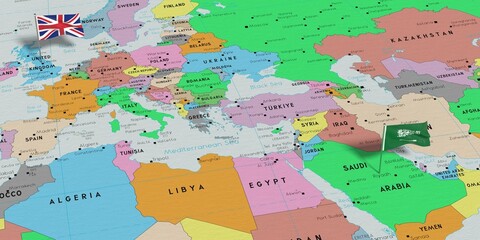United Kingdom and Saudi Arabia - pin flags on political map - 3D illustration