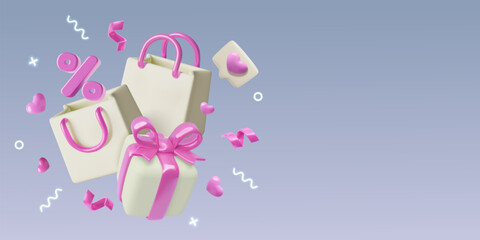 Valentine's Day gift shopping, holiday sale and special offer 3D banner with copy space. Pink and white paper bags, present box, percent sign hearts and confetti. Three dimensional vector background.