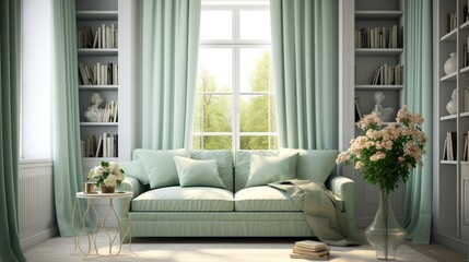 the charm of seafoam-green curtains gently swaying in the breeze, their soothing tones bringing a touch of nature indoors, evoking a sense of tranquility and freshness.