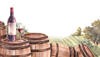 Watercolor hand drawn wine label. Wooden barrels, bottle, glass of red wine in front of vineyards rural landscape with grape fields, trees. Winemaking. Painted illustration isolated, white background 