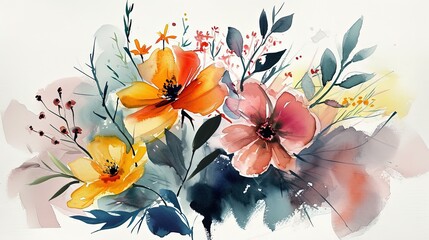 watercolor style illustration of poppy flower bouquet blossom background wallpaper, color splash and wet in wet technique texture, Generative Ai