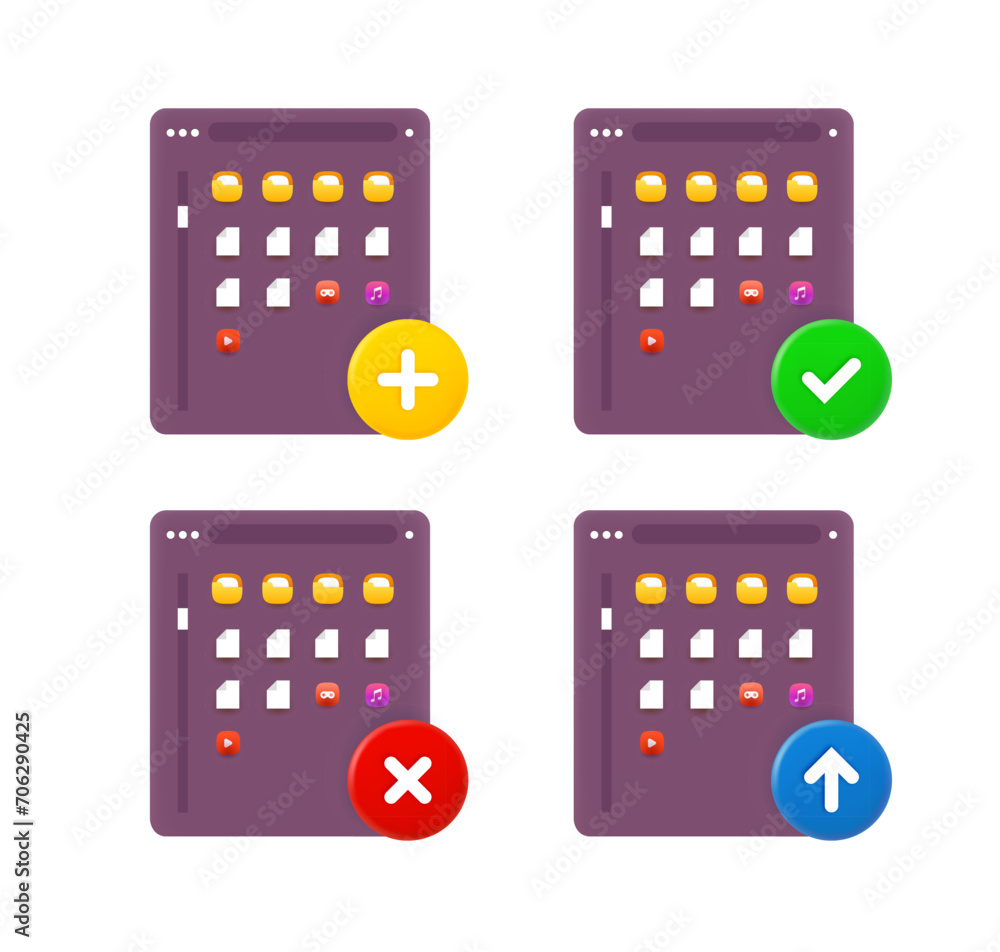 Fototapete file browser icon set with different pictograms. 3d vector icons set