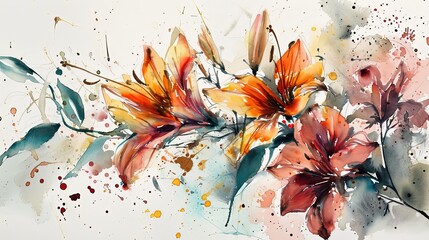 watercolor style illustration of lily flower bouquet blossom background wallpaper, color splash and wet in wet technique texture, Generative Ai