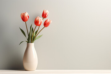 An artistically rendered depiction of a minimalist floral arrangement, showcasing a single tulip in a clear vase, exuding a sense of purity and grace against a calm.