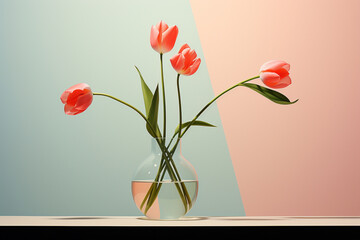 An artistically rendered depiction of a minimalist floral arrangement, showcasing a single tulip in a clear vase, exuding a sense of purity and grace against a calm.