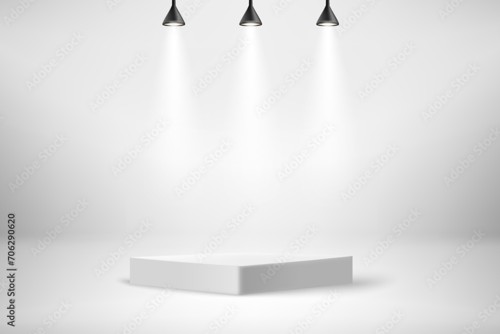 Poster white illuminated stage with projectors and podium. 3d vector illustration