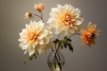 An artistically rendered depiction of a single elegant dahlia, gracefully arranged in a clear vase, radiating a sense of sophistication against a calm and nondescript backdrop.