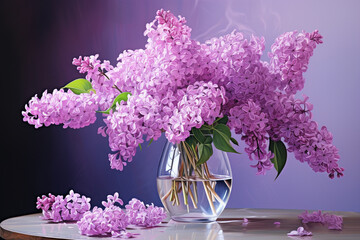 An intricately designed scene capturing the elegance of a minimalist bouquet of lilacs, neatly arranged in a glass vase, creating a visually rich and fragrant composition.