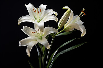 An artistically rendered depiction of a single pristine lily, elegantly placed in a clear glass, exuding a sense of purity and simplicity against a calm and unassuming backdrop.