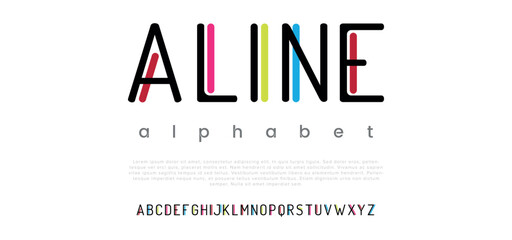 Aline Modern abstract digital alphabet font. Minimal technology typography, Creative urban sport fashion futuristic font and with numbers. vector illustration - obrazy, fototapety, plakaty