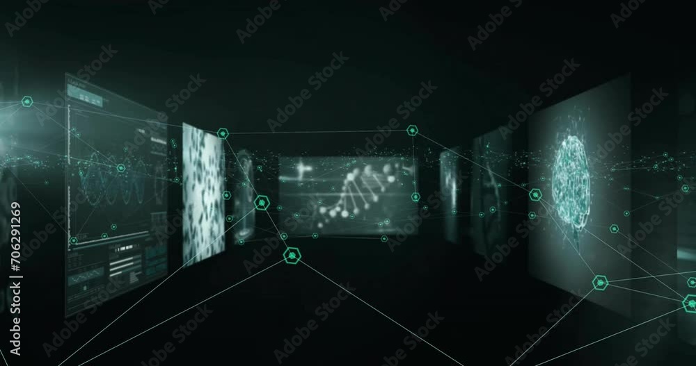 Poster animation of scientific data processing over screens on dark background