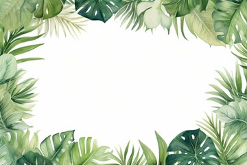 Continuous watercolor border featuring lush palm leaves and monstera. Generative AI