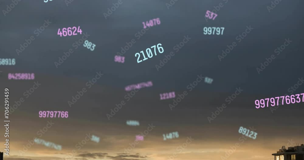 Poster animation of numbers and data processing over landscape background