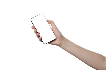 PNG,female hand holding a smartphone, isolated on white background