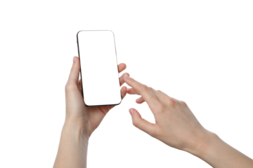 PNG,female hand holding a smartphone, isolated on white background