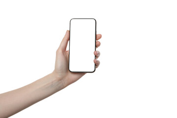 PNG,female hand holding a smartphone, isolated on white background