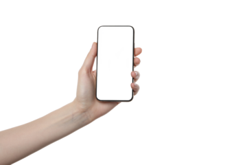 PNG,female hand holding a smartphone, isolated on white background