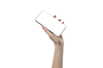 PNG,female hand holding a smartphone, isolated on white background