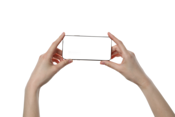 PNG,female hand holding a smartphone, isolated on white background