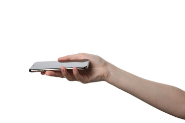 PNG,female hand holding a smartphone, isolated on white background