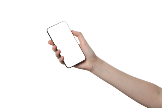 PNG,female hand holding a smartphone, isolated on white background