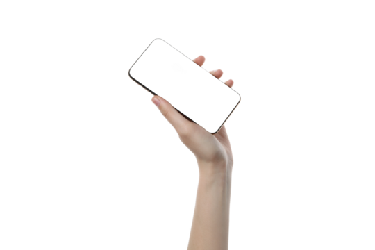 PNG,female hand holding a smartphone, isolated on white background