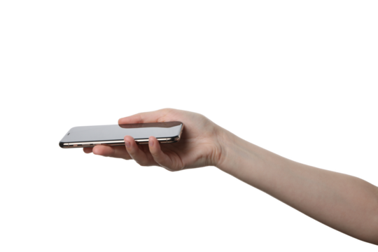 PNG,female hand holding a smartphone, isolated on white background