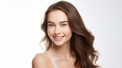 Portrait of a smiling confident woman in a casual white singlet on white background