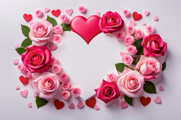 Frame of red and pink roses in the shape of a heart on a white background. Mother's day, Valentines Day, Romantic Valentine's Day Greeting Card. celebration concept. Flat lay. Copy space