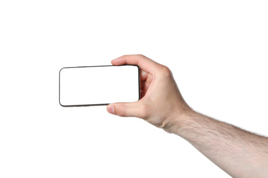 PNG,a man is holding a smartphone, isolated on white background