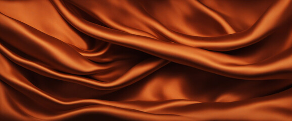 Fototapeta premium Dark orange brown silk satin. Drapery fabric. Curtain. Luxury background for design. Beautiful soft folds. Wavy lines. Golden color. Web banner. Wide. Long. Panoramic. Website header.