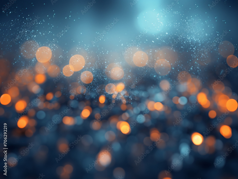 Poster abstract background with sparkling blue bokeh lights and floating dust particles creating a mystical