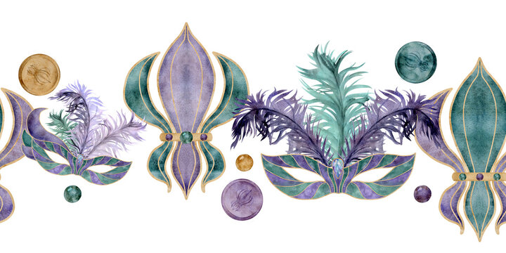 Hand drawn watercolor Mardi Gras carnival symbols. Theater masquerade mask feathers, fleur de lis French lily iris beads. Seamless banner isolated on white background. Party invitation, print, shop