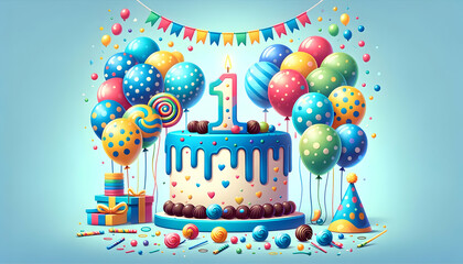 1 year old birthday cake or 1 year anniversary cake celebration with balloons and party decoration	
