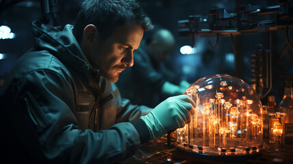 Man working with nitrogen from cryogenic tank at laboratory. - obrazy, fototapety, plakaty