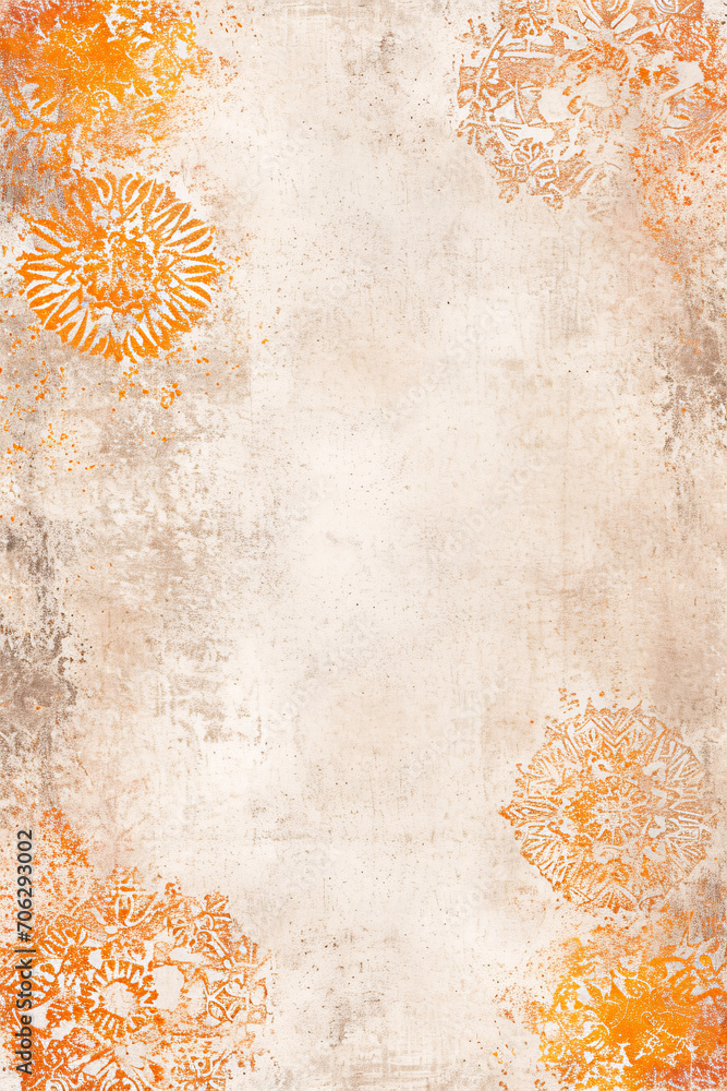Poster an abstract textured background adorned with intricate orange mandala patterns, merging art with cul