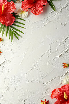 Bright tropical hibiscus flowers arranged on a textured white background, creating a vibrant and fresh composition.
