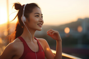 Young Asian female runner wearing headphones jogging in the morning against beautiful morning light.