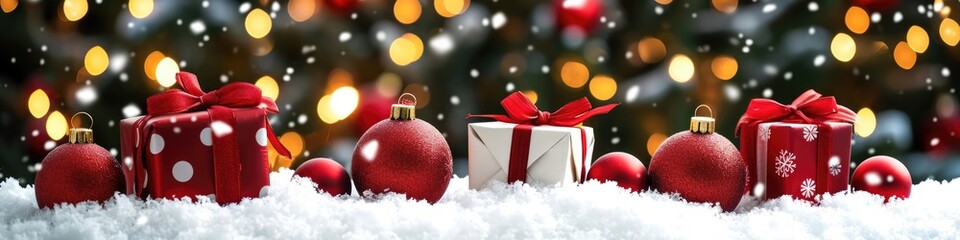 Fototapeta na wymiar Festive Christmas Banner with Red Christmas Balls and Xmas Gift Boxes on Snow