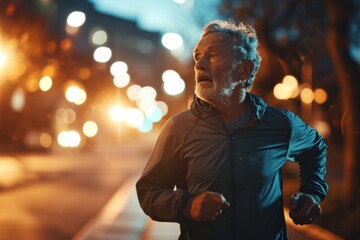 Fototapeta premium Senior male runner jogging at night on city street with street lights with night exercise concept