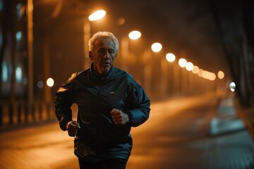 Senior male runner jogging at night on city street with street lights with night exercise concept