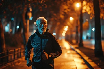 Deurstickers Senior male runner jogging at night on city street with street lights with night exercise concept © เลิศลักษณ์ ทิพชัย