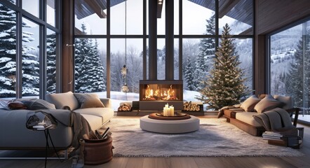 Modern Chalet Interior: Cozy Fireplace and Stylish Decor in Warm Winter Living Room