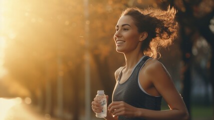 A female runner jogging outdoors in the morning with beautiful morning light and drinking water to relieve fatigue